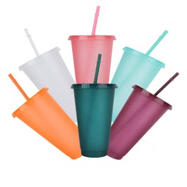 Pack of 6 Colourful Plastic Cups, Drinking Cups with Lid, Drinking Cup with Straw & Lid, Reusable Plastic Cups for Children's Party, Drink Parties, Birthday, Wedding