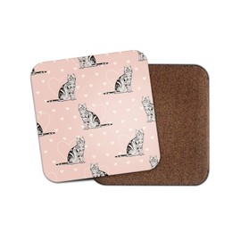 1 x Pink Love Hearts Cats Cork Backed Drinks Coaster - Cat Mum Sister Nan #8421