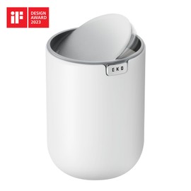 EKO Fandy Table Bin, 1.5L Mini Desk Rubbish Bin with Swing-Top Lid, 1.5 Litre Small Table Round Wastebasket for Office, Home, Bathroom, Bedroom, Car (White)