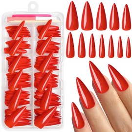 Bellelfin 120Pcs Stiletto Press on Nails, Hot Red Stiletto Fake Nails Glossy Long Acrylic Nails Press ons Solid Color Full Cover False Nails for Women Girls