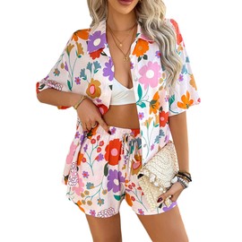 KAOBIO Women's 2 Piece Outfits Boho Tropical Print Short Sleeve Shirts Lounge Shorts Summer Vacation Hawaiian Matching Sets (Light Pink, M)