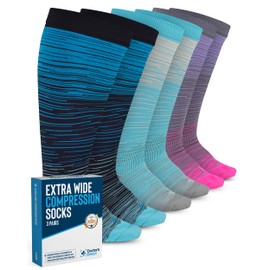 Doctor's Select 3 pares de calcetines de compresión de tamaño extragrande, hasta 6XL, calcetines de compresión de 20-30 mmHg para mujer, pantorrilla ancha, 3 pares - Patrones de línea, XL