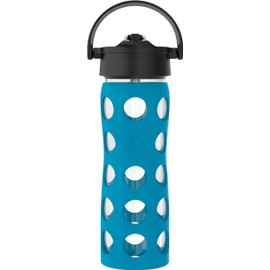 Lifefactory 16-Ounce Glass Water Bottle with Pivot Straw Cap and Protective Silicone Sleeve, Teal Lake