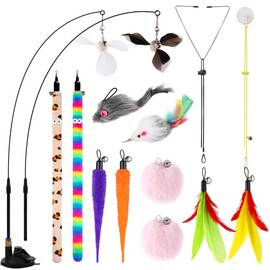Soarer 4-in-1 Interactive Cat Feather Toys,12Pcs Durable Fishing Pole Cats Feathers Toy Replacements,Enhanced Suction Cup Cats Wand Toy,2 Types Door Hanging Cat String Toys for Indoor Kitten