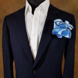 Vavra's NEW - Men's 2-in-1 Pouf Round Pocket Square - Light Blue Satin with Navy Trim