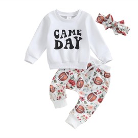 CIYCUIT 3Pcs Baby Girl Football Outfits Letter Print Sweatshirt + Pants + Headband 0 6 12 18 24 Months Clothes 12-18 Months
