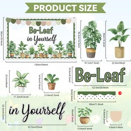 Justforjoyful Spring Potted Plant Bulletin Board Classroom Decorations Greenery Be Leaf in Yourself Cutouts Positive Motivational Bulletin Board for School Home Nursery Chalkboard Door Wall Decor