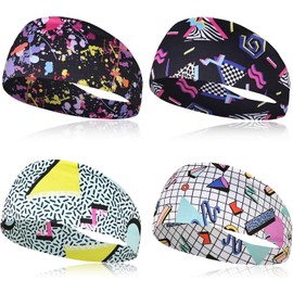 Kuskins 4PCS Neon 80s 90s Retro Headbands for Women Men - Wide Stretchy Sweatbands, Moisture Wicking Unisex Sports Headband for Running, Yoga, Cycling, Fitness, Hiking & Travel