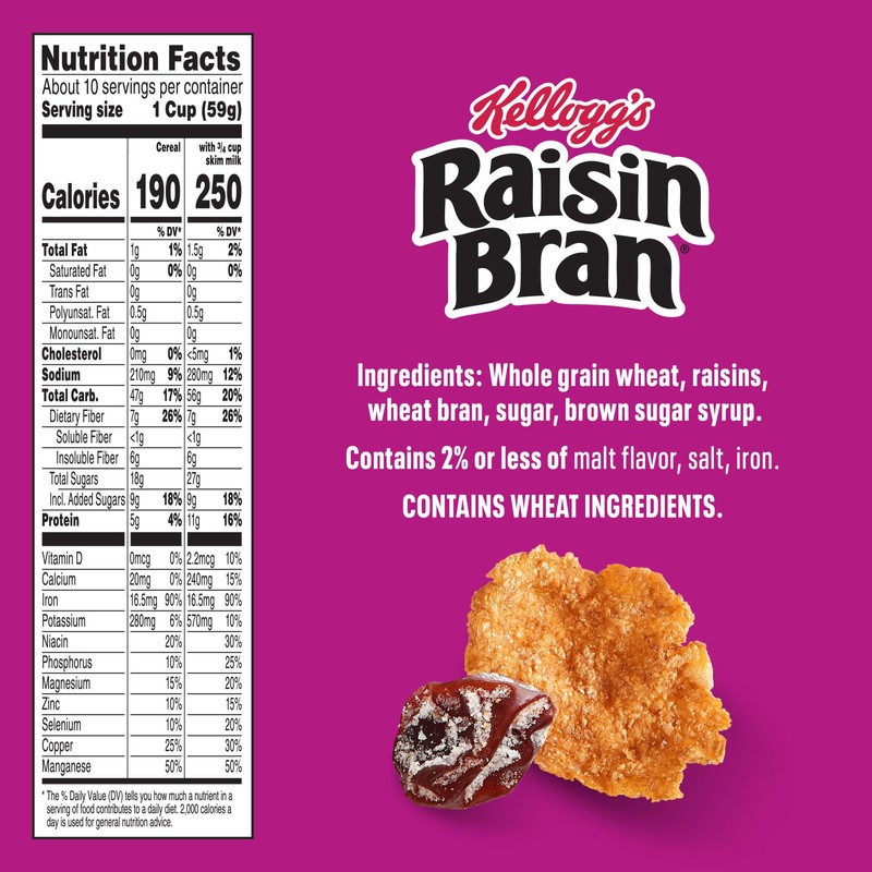 Kellogg’s Raisin Bran Breakfast Cereal, High Fiber, 28g Whole Grain,