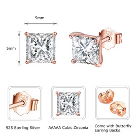 Shuxin Silver Stud Earrings for Women, 925 Sterling Silver Square Stud Earrings, Small Sleeper Cartilage Tragus Studs, 5mm Rose Gold Tiny Princess Cut Cubic Zirconia Stud Earrings, Gift for Christmas