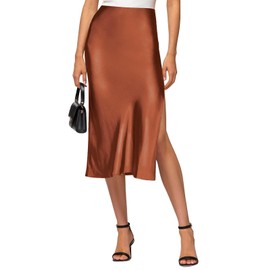 VividHarbor Satin High Waisted Midi Skirt Elastic Waistband Side Slit A Line Wedding Casual Skirts for Women, Brown, Medium