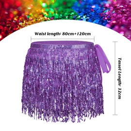 Belly Dance Skirt Sequins Tassel Hip Scarf Glitter Skirt Rave Party Dance Performance Costume for Women Girls Purple