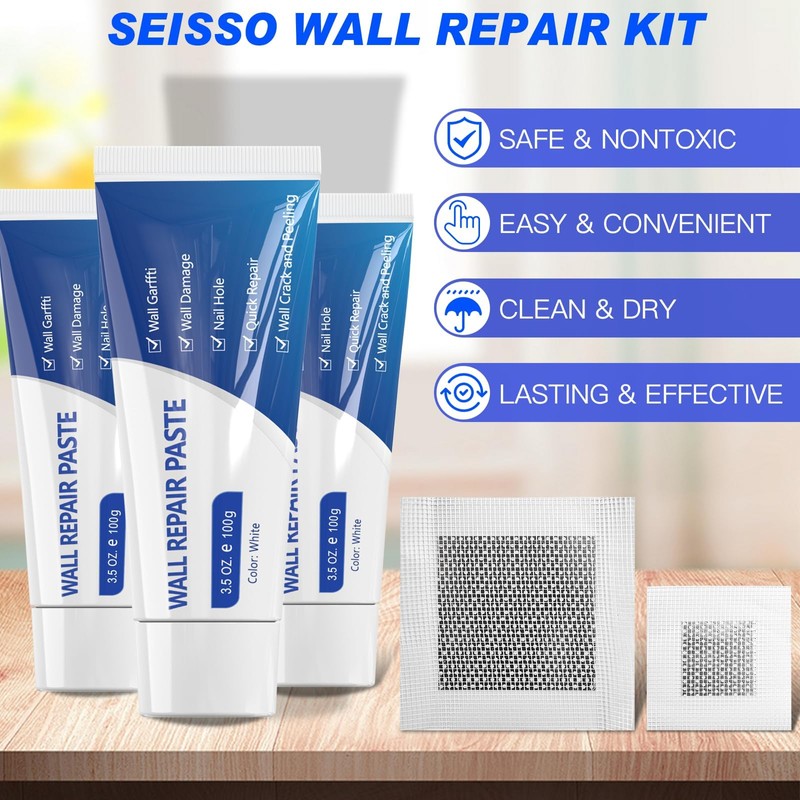 SEISSO Drywall Repair Kit, Wall Mending Agent*3(100g), Wall Patch*4, Scraper