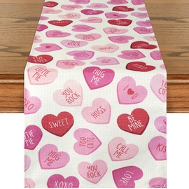 Valentines Table Runner 13x72 Inches, Pink Love Heart Printed Table Decor, Valentines Table Runner Decorations for Holiday Anniversary Kitchen Dining Room Indoor Home Party Table Supplies