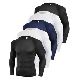 CYPER SUN 5 Pack Men's Compression Shirts Long Sleeve Undershirts, Quick Dry Workout Baselayer Rash Guard Fitness Top Black/White/Blue XXL