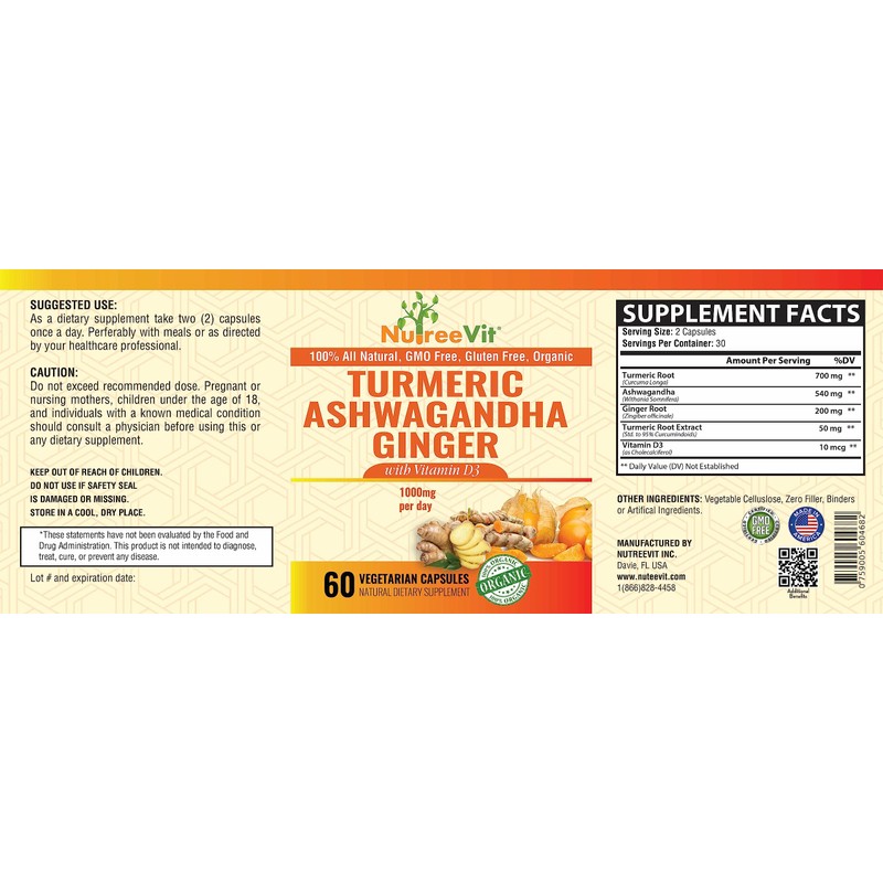 NutreeVit Organic Turmeric with Ashwagandha & Ginger - 240 Capsules