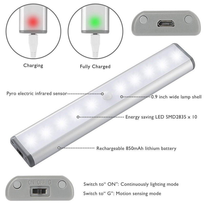 Wireless Motion Sensor Cabinet Lights 10-LED USB Rechargeable Closet Lights
