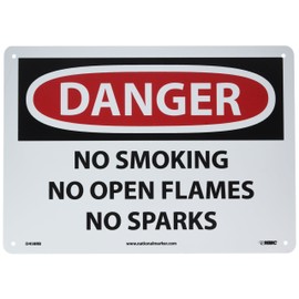 NMC D458RB OSHA Sign, Legend "DANGER - NO SMOKING NO OPEN FLAMES NO SPARKS", 14" Length x 10" Height, Rigid Plastic, Black/Red on White, 10 x 14
