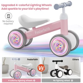 Fealarfaith Baby Balance Bike for 1 Year Old Boys Girls, Colorful Lighting 12-24 Month Toddler Balance Bike, 4 Wheels Toddler First Bike, First Birthday Gifts(Pink)