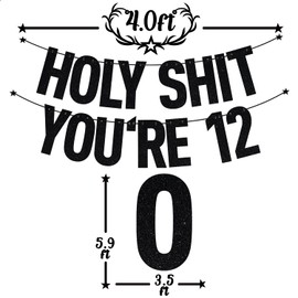 Black Glitter Holy You're 12 Banner, Happy 12th Birthday/Officially 12 Pre-teen/Level 12 Unlocked, 12th Birthday Party Decorations Supplies