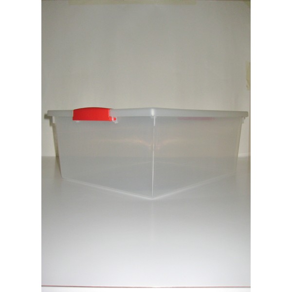 Romanoff 12 QT Clear Storage Box with Red Snap Handle.