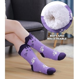 FNOVCO Cat Socks Fuzzy Slipper Socks for Women with Grippers, Cozy Warm Sherpa Lined Slipper Socks (Purple, 5-9)