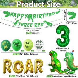 Dinosaur 3rd Birthday Decorations, Banner, Roaring Balloons, Three Birthday Decorations for Boys Kids 3rd Dinosaur Party Supplies