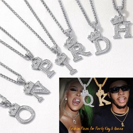 U7 Steel A Necklace, Initial Letter Stainless Steel Iced Out Diamond Pendant Hip Hop Crown Alphabet Initial Necklaces
