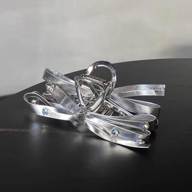 Silver Bow Hair Claw Clips with Diamonds, Silver Leather Bow Nonslip Metal Hair Clips for Thick & Thin Hair & Curly Hair Fashion Hair Accessories