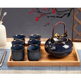 DUJUST Japanese Tea Set for 6, Kiln Altered Glaze Porcelain Tea Set with 1 Teapot, 6 Tea Cups & 1 Tea Tray, Unique Chinese Tea Sets for Adults/Tea Lovers/Women/Men, Dark Blue