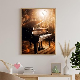 PUAGEMTI 5D Piano Diamond Painting Kits for Adults, Golden Piano and Musical Note 5D Diamond Art Crafts Home Wall Decor Gift Round Diamond Dots 12x16 inch