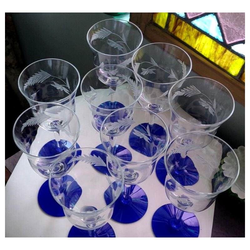Weston GOBLET COBALT BLUE Foot CLEAR Glass Flower Cut 7-3/8”