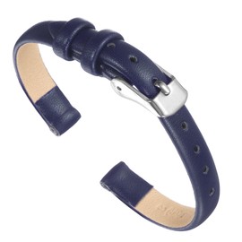 sourcing map Dark Blue Genuine Leather Band 10mm Width, Flat Thin Elegant Leather Watch Strap Silver Tone Buckle for Men and Women