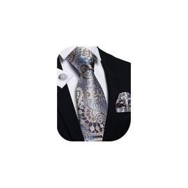 DiBanGu Paisley Mens Tie Set Silk Woven Jacquard Necktie and Pocket Square Cufflinks Set Formal Bussiness Regular Tie (11-Blue Beige Paisley)