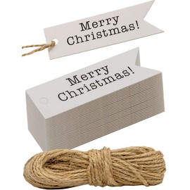 HomeTools.eu® 100 Kraft Paper Gift Tags with 10 m Jute Twine Merry Christmas White