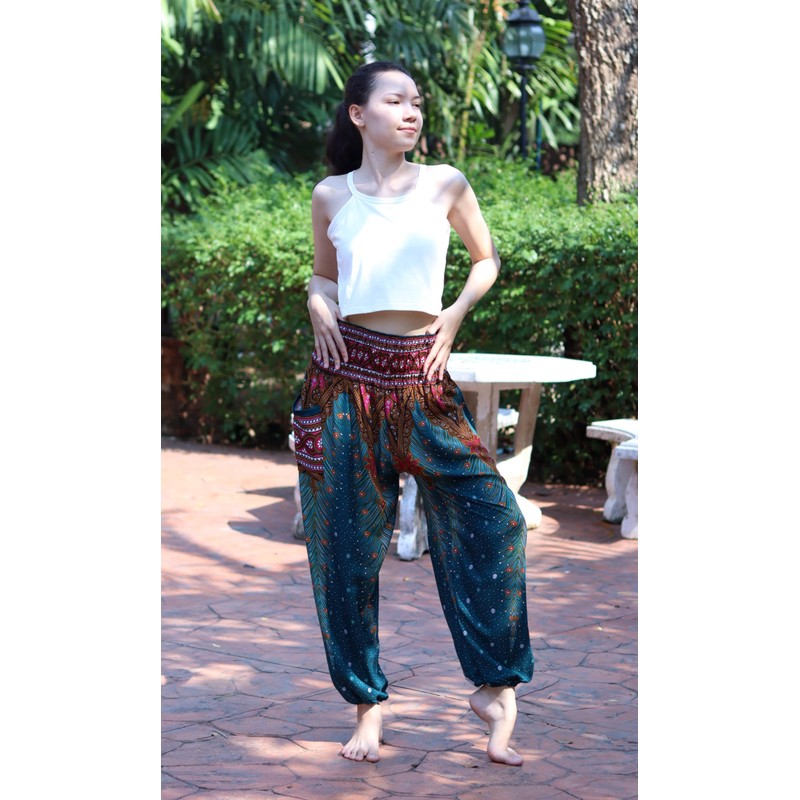Full Funk Rayon Smock Waist Pants Pocket Straight Peacock Feather