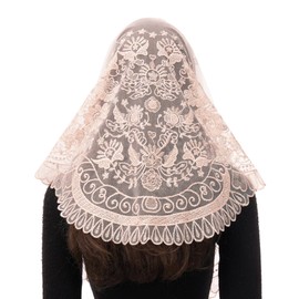 Bozidol Women's Triangle Catholic Church Mantilla Veils, Traditional Champagne Camellia Floral Embroidered Chapel Veil, Latin Mass Prayer Lace Head Coverings