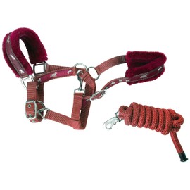 Cwell Equine NEW Horse print fur padded headcollars halter + matching lead BURGUNDY FULL