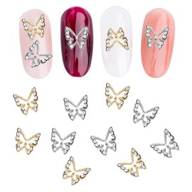 Pack of 10 Alloy Butterfly Nail Stones (5 Gold, 5 Silver) - Metal Butterfly Nail Art Pendant with Rhinestones - Nail Jewellery and Nail Jewellery for Gel Nails
