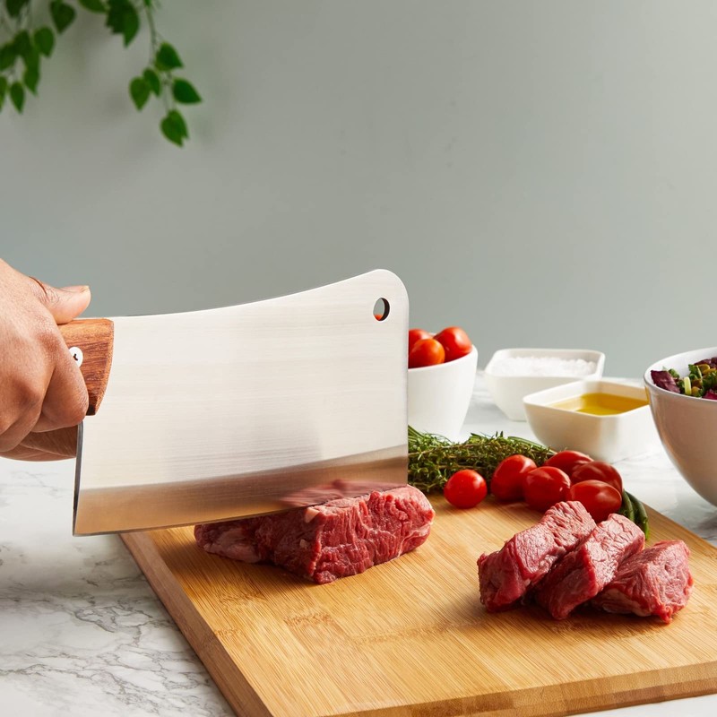 Juvale Meat Cleaver - 8-Inch Stainless Steel Blade, Wood Handle