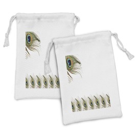 Lunarable Peacock Fabric Pouch Set of 2, Exotic Peacock Feathers Symbolizing Guidance for Soul Boho Ethnic, Small Drawstring Bag for Toiletries Masks and Favors, 9" x 6", Geen White Teal