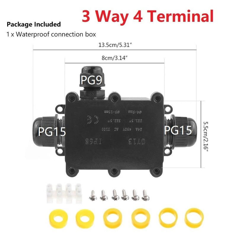 MiJunHD IP68 Waterproof Junction Box, 3 Way 4 Pin Terminal