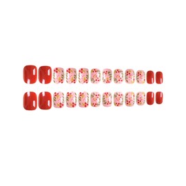 Christmas Press on Nails Short Square Winter Fake Nails Wine Red Fake Nails Full Cover Holly False Nails with Designs Pink Glossy Glue on Nails Acrylic Nails Manicure Artificial Nails for Women Girls