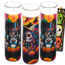 3 Pack Dia de los Muertos Religious Candles - Bundle with 8" Dia de los Muertos Sugar Skull Candles for Ofrendas, Vigils, Prayers, Blessing Ceremonies, More Plus Bookmark | Devotional Candles in Glass