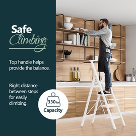 WOA WOA 4 Step Ladder, Stepping Ladder with Wide Rungs, Folding Aluminum Ladder with Non-Slip Feet, Portable Lightweight Ladder with Handle, Easy to Store, 330 lbs Load - White