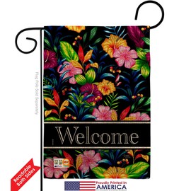Breeze Decor Tropical Welcome Floral Burlap Garden Flag Sunflower Tulip Rose Orchid Lilies Season Springtime Flower Wreath Small Decorative Gift Yard House Banner Double-Sided Made in USA 13 X 18.5