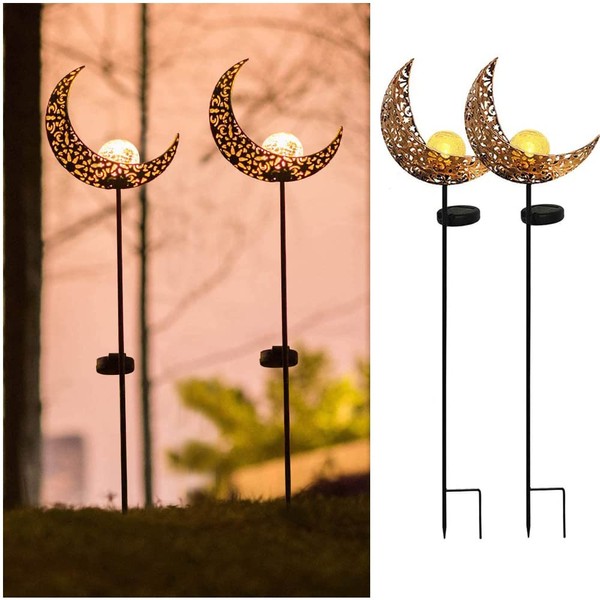 Solar Moon Lights, Outdoor Garden Lights with Crackle Glass Ball and Golden Stars, Waterproof Pathway Stake Lights for Lawn, Patio, Yard (Copper, 2 Pack)
