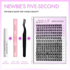 VEYESBEAUTY Lash Clusters Kit Individual Eyelash Extensions Thin & Invisible Band DIY False Eyelashes Newbie's Five-Second Series Wispy Lash Tray, Boldeye KIT with Bond&Seal Remover Applicator
