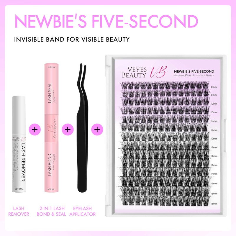 VEYESBEAUTY Lash Clusters Kit Individual Eyelash Extensions Thin & Invisible