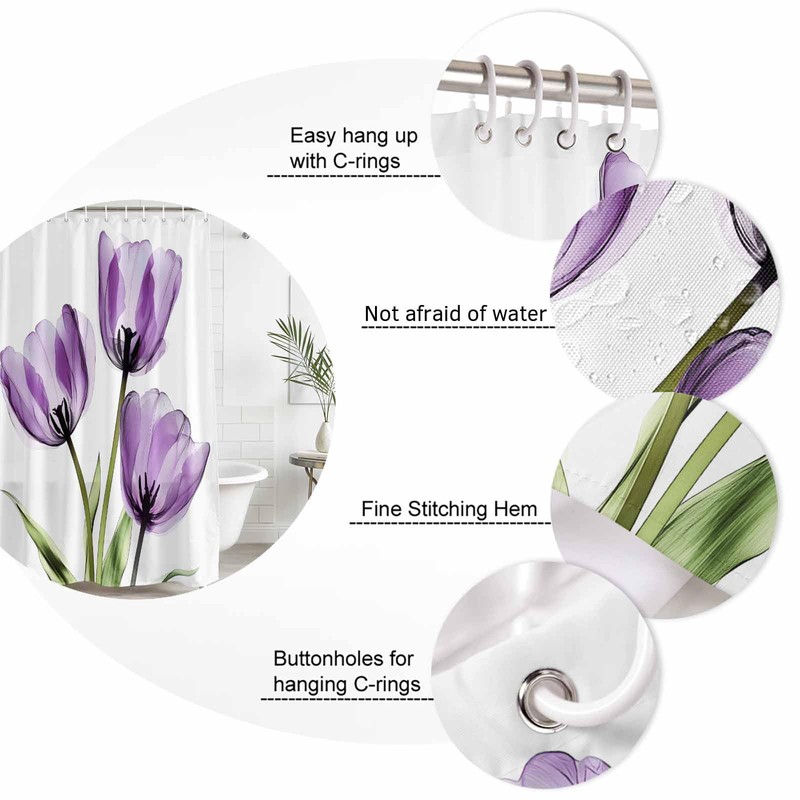 Purple Tulips Shower Curtain Set with Hook 72"x72",Spring Floral Botanical